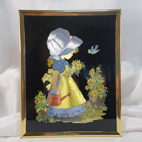 VTG 1951 Holly Hobbie Foiled Picture Tinsel Wall Art With Gold Frame Americana - Picture 3 of 16
